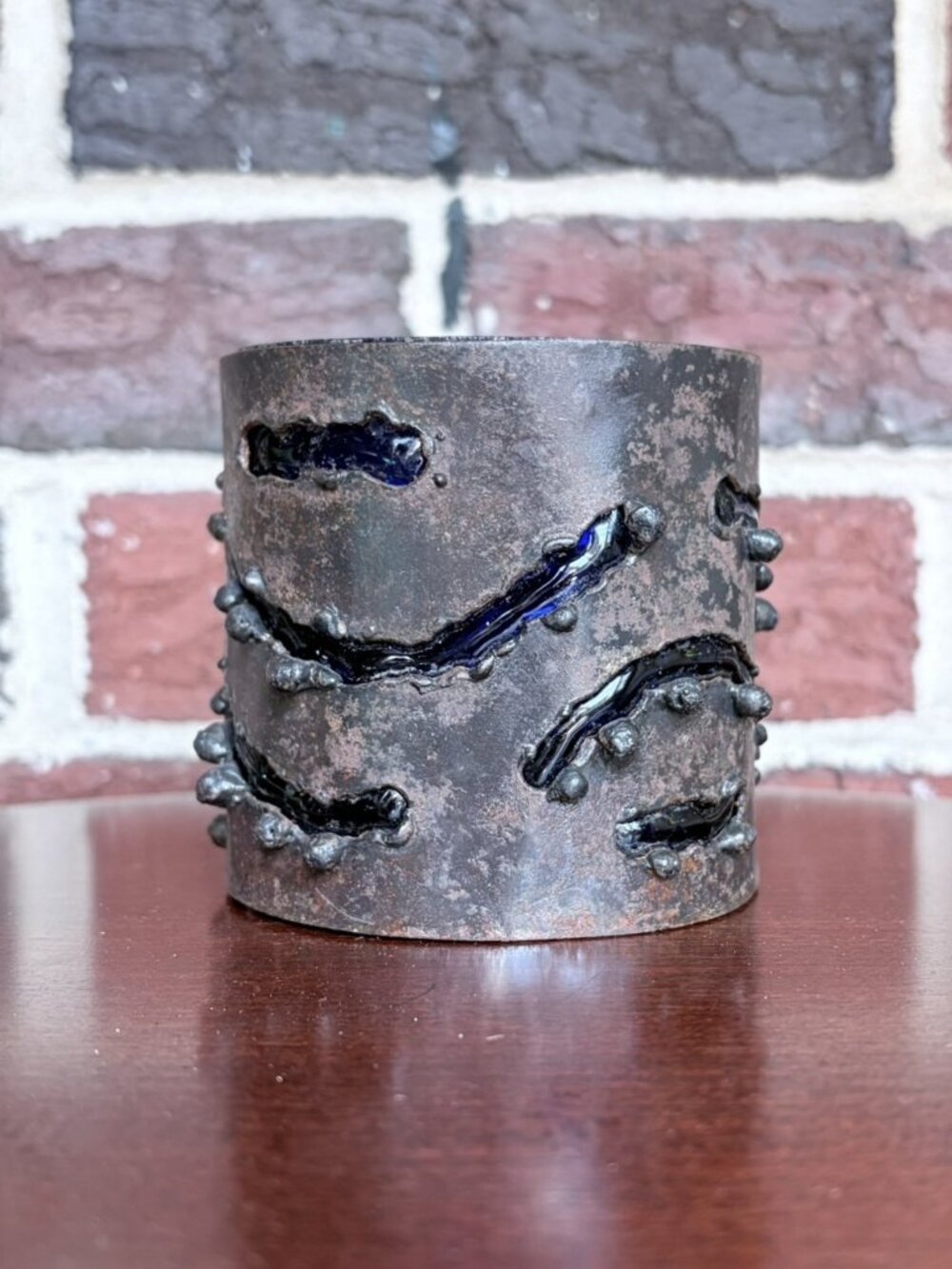Vintage 90'S Pier 1 Brutalist Metal & Cobalt Blue Glass Candle Holder